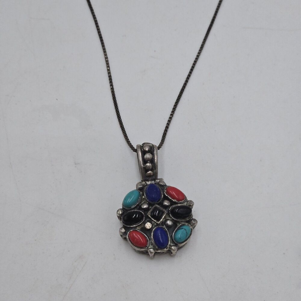 Vintage Thailand 925 Sterling Silver Onyx Turquoise Coral 18" Necklace Pendant